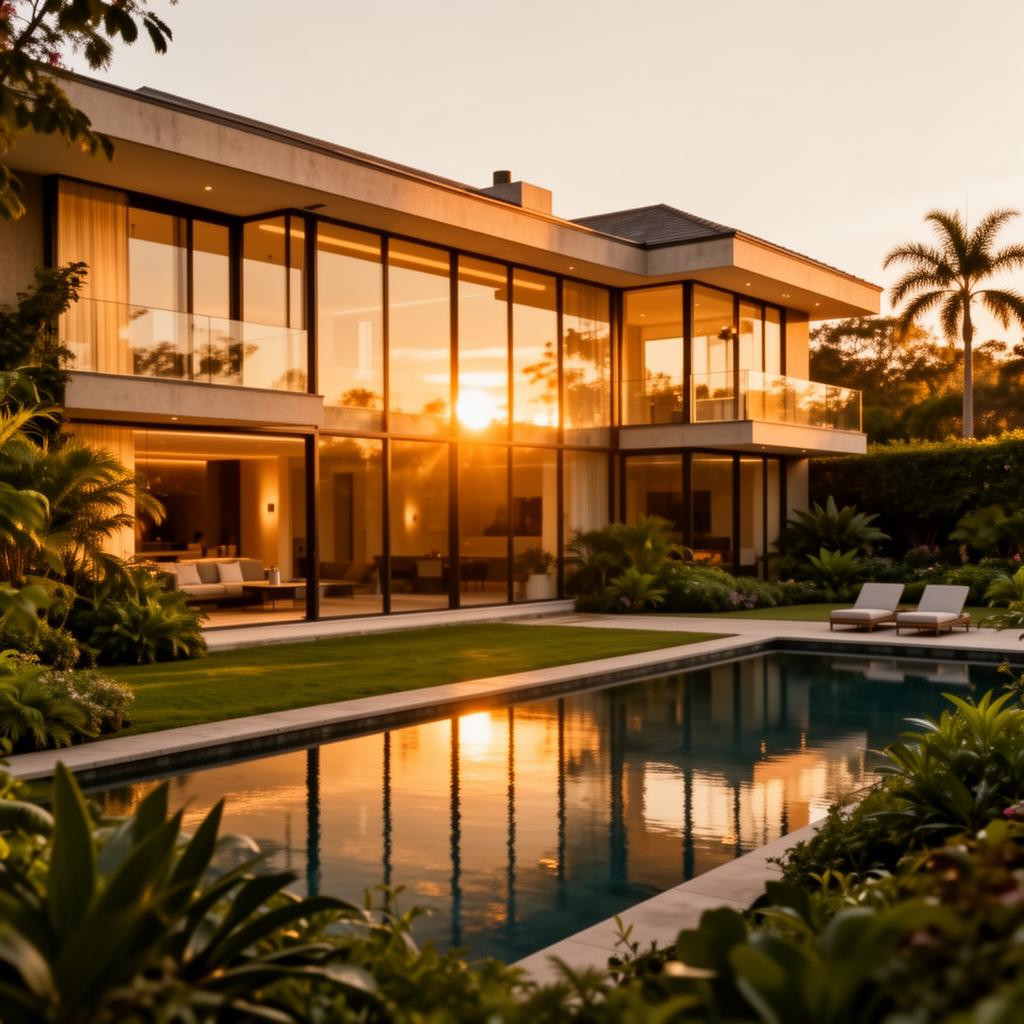 Casa moderna dos sonhos ao pôr do sol